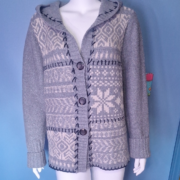 J. Jill Nordic Gray and Cream Hooded Cardigan "Current Style" Size Large - Picture 1 of 8